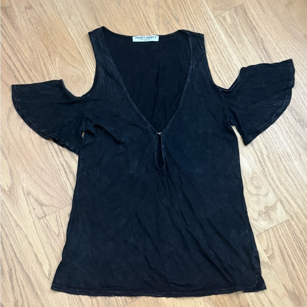 Project Social T Black V Neck CutOut Short Sleeve Top Sz S UltraLight GentlyWorn